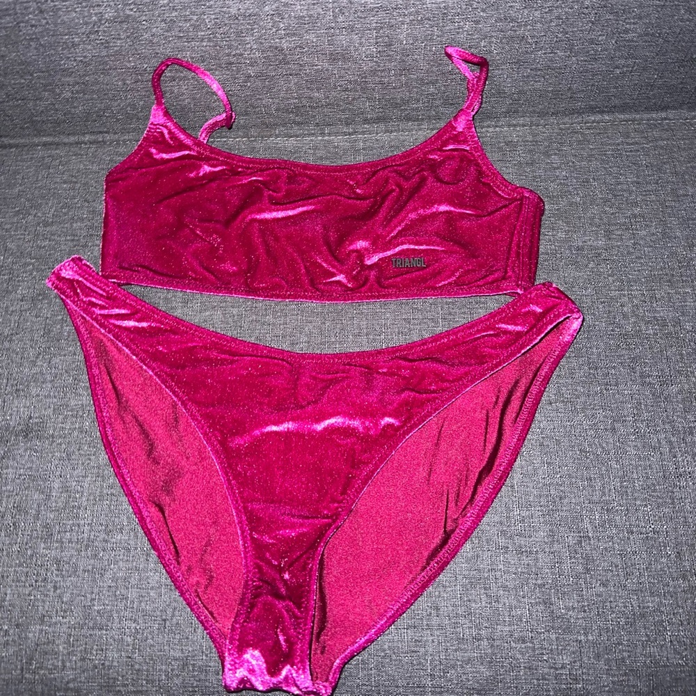 Triangle pink velvet two piece swim set